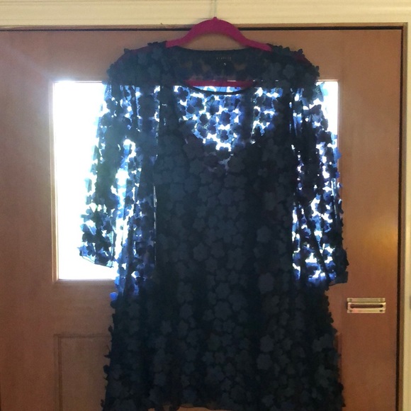 NWOT Navy Sheer Textured Flower Shift Dress, Small - Picture 5 of 15
